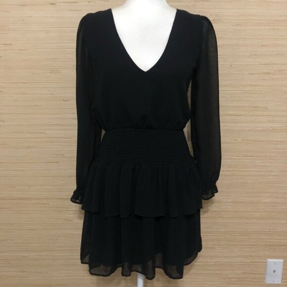 1.STATE (Revolve) RICH BLACK SMOCKED LONG SLEEVE RUFFLE MINI SWIRL DRESS XS - Picture 2 of 13